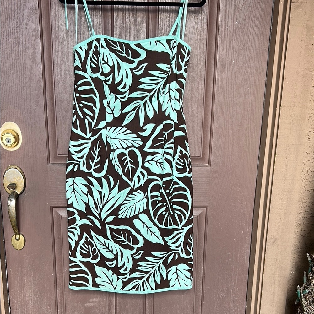Etcetera Aqua and Brown Leaf Print Midi Dress